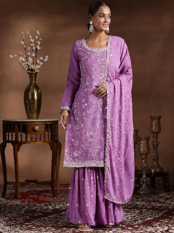 Lavender Embroidered Silk Blend Straight Suit With Dupatta