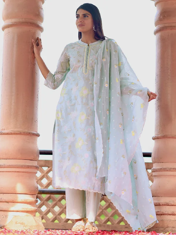 Libas Art Blue Embroidered Chanderi Silk Straight Suit With Dupatta