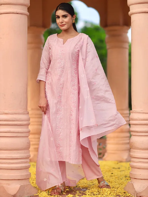 Libas Art Pink Embroidered Chanderi Silk Straight Suit With Dupatta