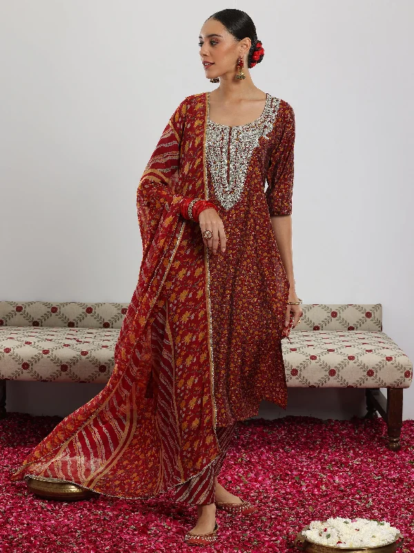 Maroon Printed Silk Blend Straight Suit With Dupatta