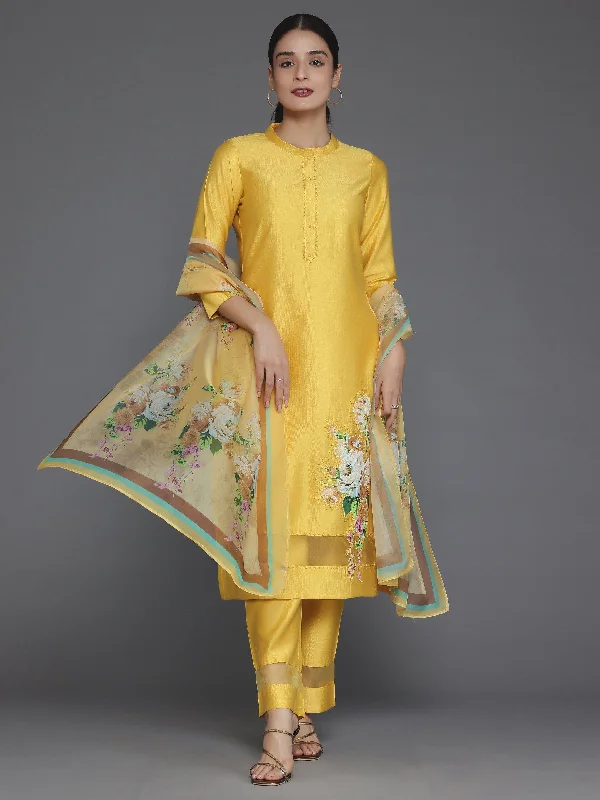 Mustard Self Design Silk Blend Straight Suit With Dupatta