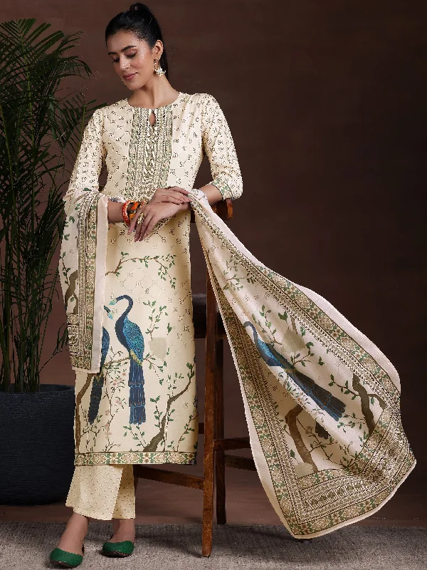 Off White Printed Poly Crepe Straight Suit With Dupatta