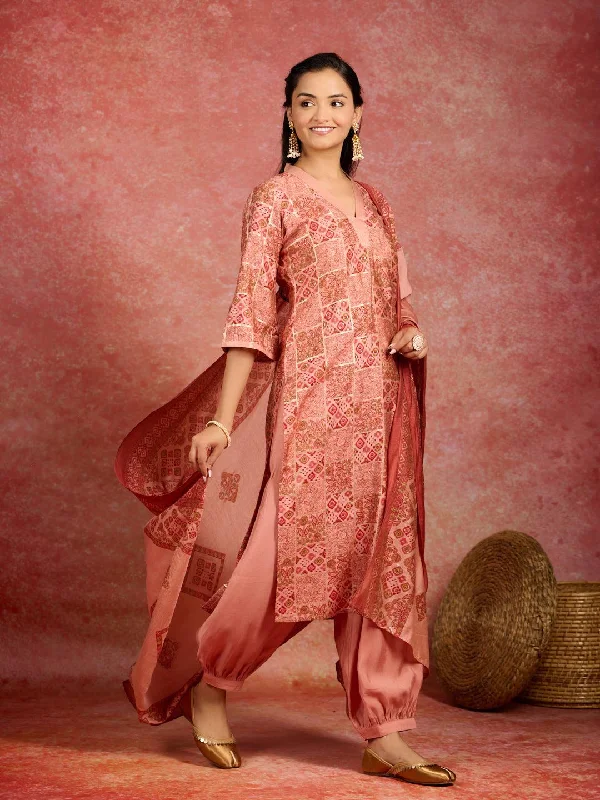 Peach Printed Silk Blend Straight Suit With Dupatta