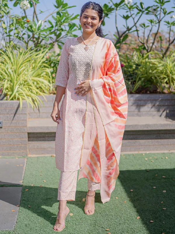 Peach Yoke Design Silk Blend Straight Kurta With Trousers & Dupatta