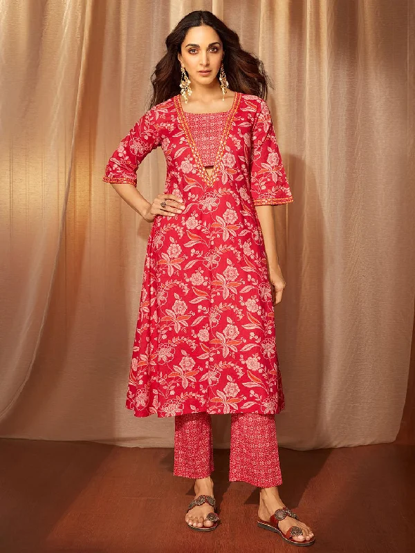 Naghma Pink Printed Cotton A-Line Kurta With Palazzos