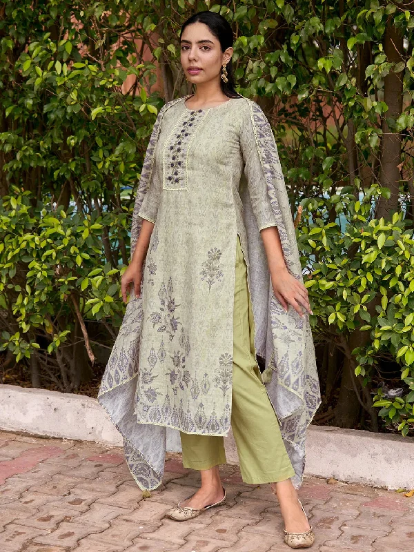 Green Printed Cotton Straight Suit With Dupatta