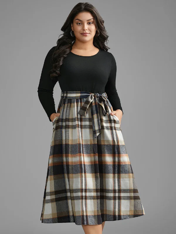 Plaid Patchwork Elastic Waist Belted Dress