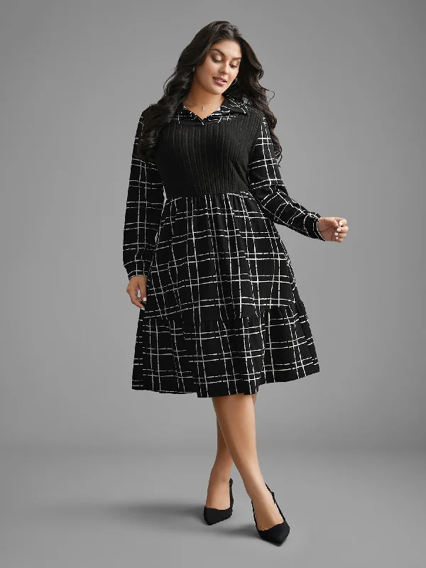 Plaid Patchwork Texture Ruffle Hem Dress