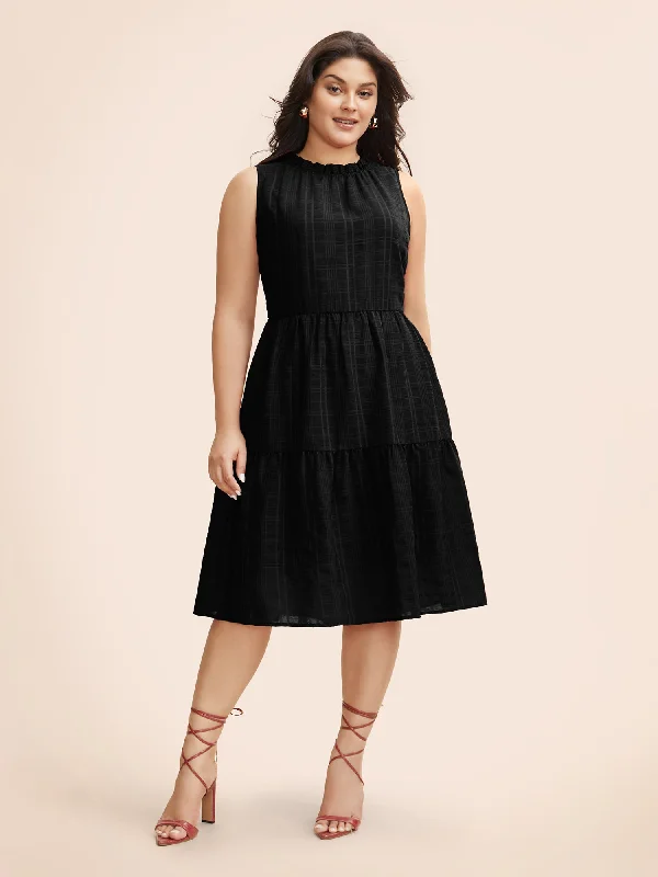 Plaid Stand Collar Frill Trim Sleeveless Dress