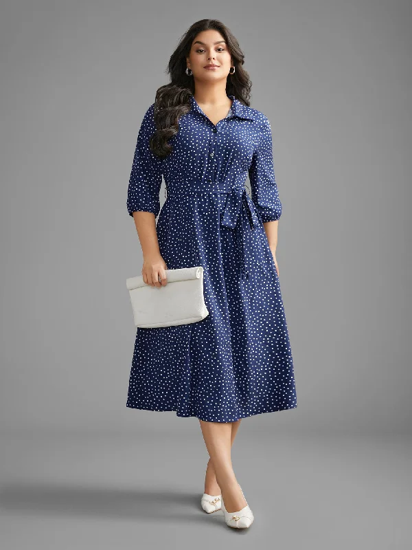 Polka Dot Shirt Collar Belted Dress