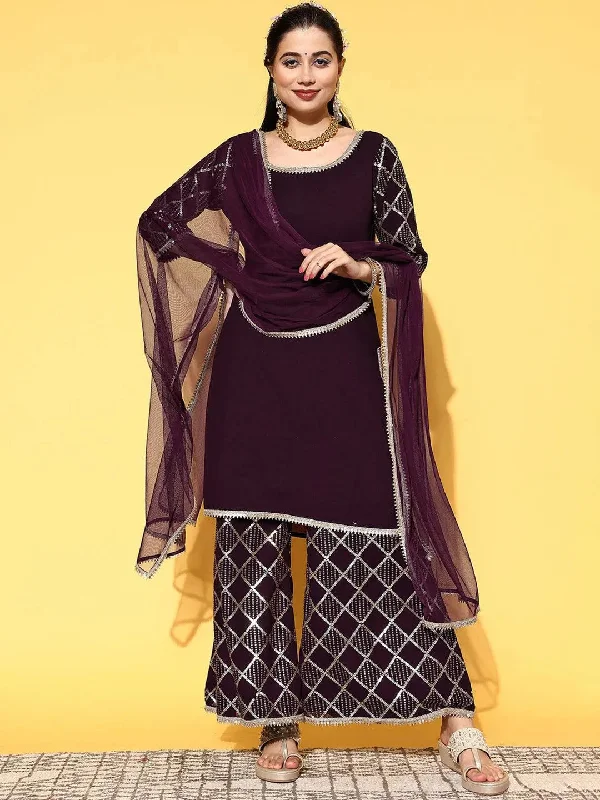 Purple Solid Georgette Straight Kurta With Palazzos & Dupatta