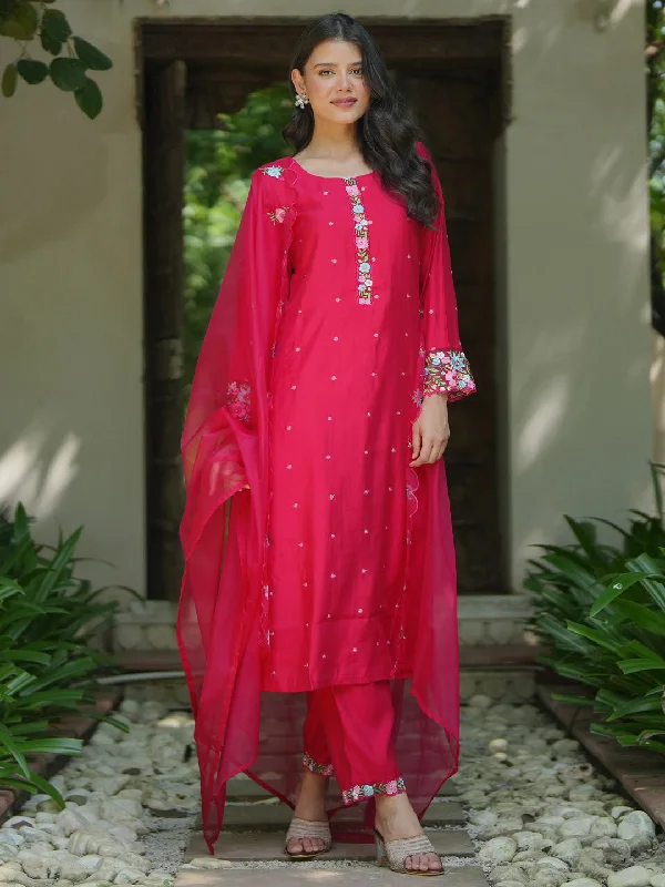 Red Embroidered Silk Blend Straight Suit With Dupatta