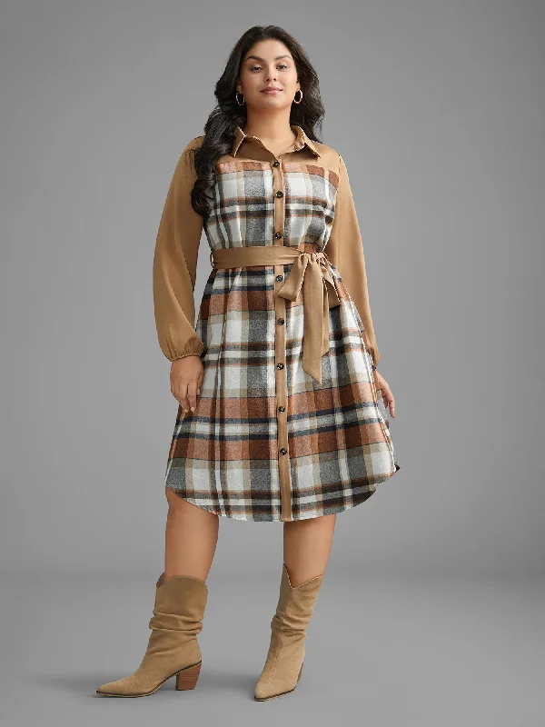 Shirt Collar Plaid Patchwork Belted Dress