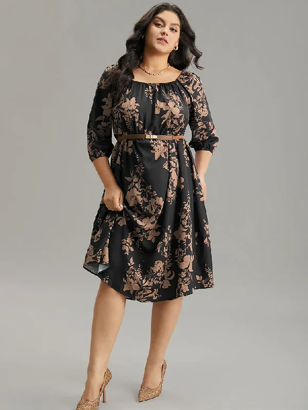 Silhouette Floral Print Elastic Cuffs Dress