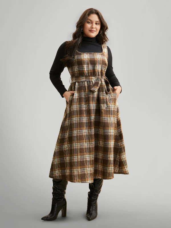 Square Neck Plaid Belted Dress