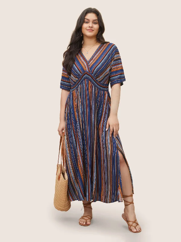 Striped Contrast Dolman Sleeve Shirred Pocket Split Flutter Dress