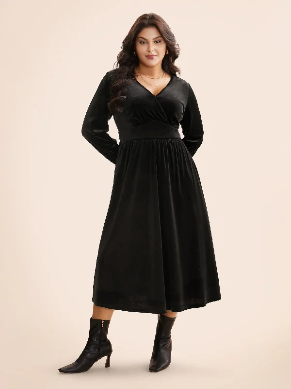 Velvet Overlap Collar Shirred Gathered Dress