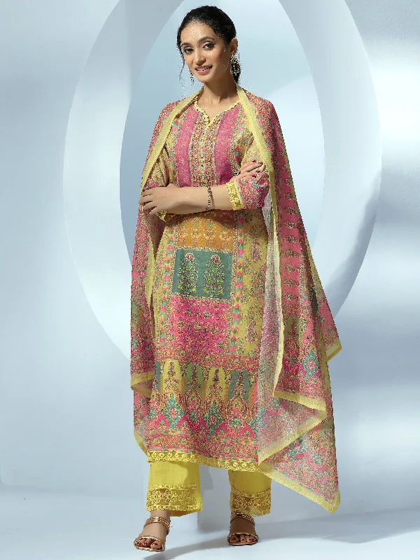 Yellow Printed Linen Straight Suit With Dupatta