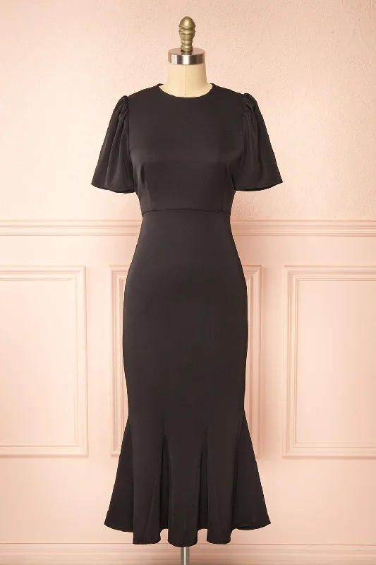 Doreen | Black Midi Dress w/ Bell Sleeves