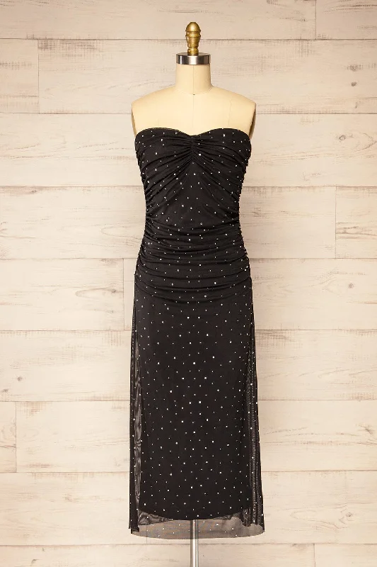 Ensenada | Black Fitted Ruched Midi Dress w/ Crystals