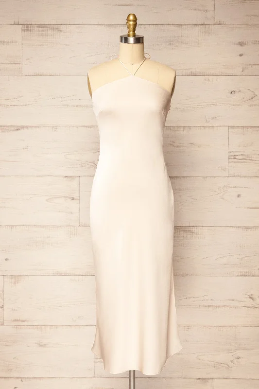 Fladnbury Beige | Satin Midi Halter Dress