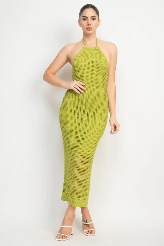 Halter Style Glam Midi Dress in Chartreuse