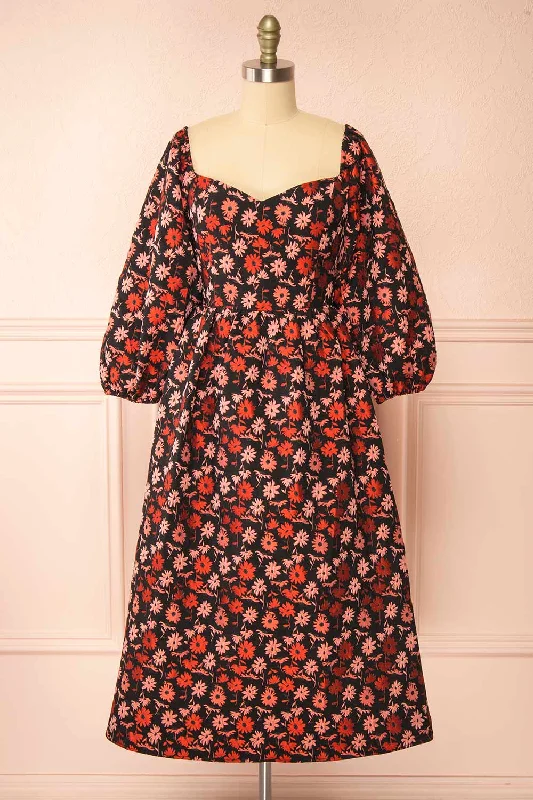 Inarea | Midi Black Floral Dress w/ Puffy Sleeves