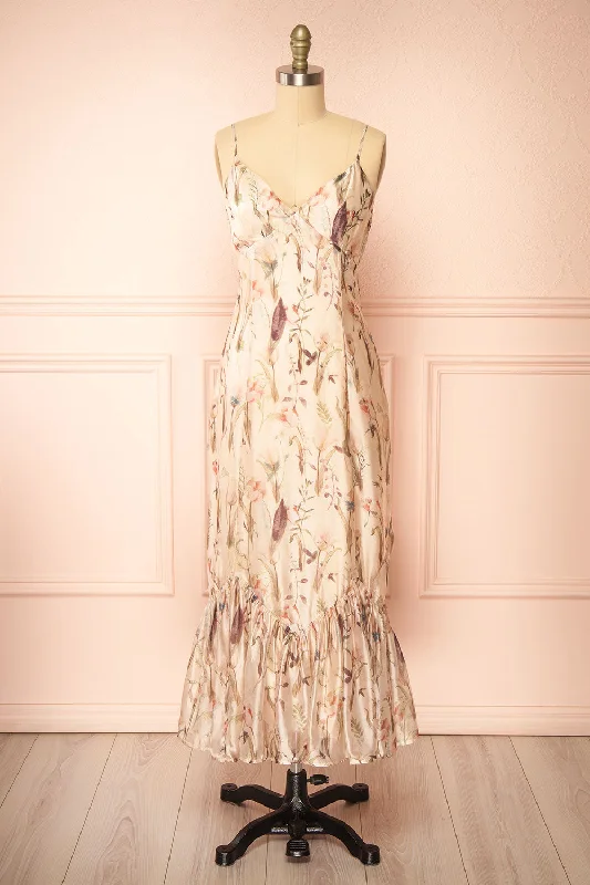 Ipiu | Beige Floral Chiffon Midi Dress