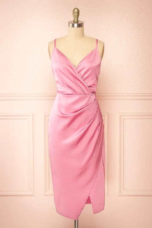 Jazebelle | Pink Satin Midi Dress w/ Slit