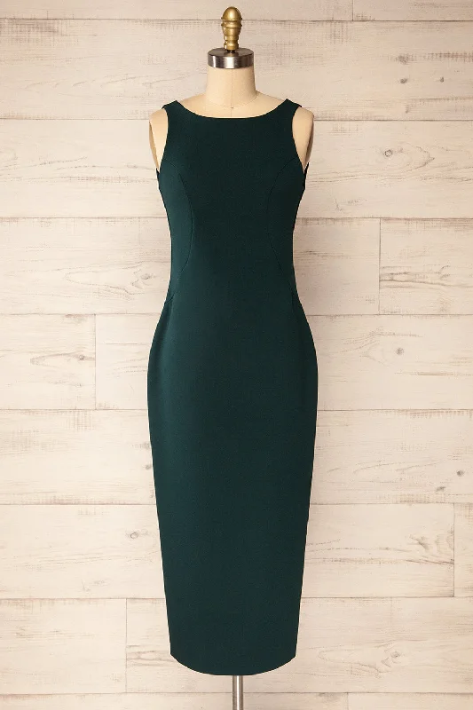 Kovna Green | Fitted Midi Dress w/ Open Back