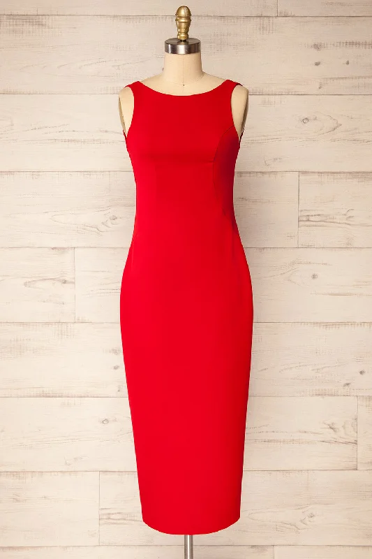 Kovna Red | Fitted Midi Dress w/ Open Back