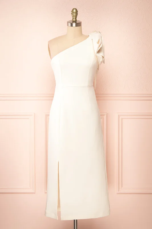 Liliana | One Shoulder Ivory Midi Dress w/ Bow