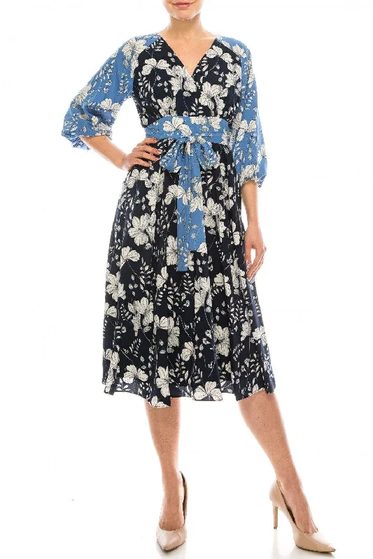 Maison Tara Dual Floral Printed A-Line Midi Dress