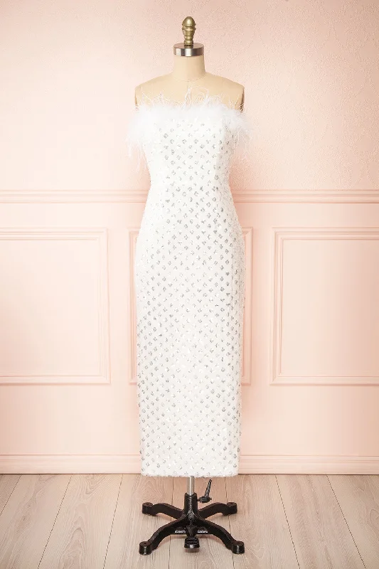 Mayurika | White Strapless Sequin Midi Dress w/ Feathers