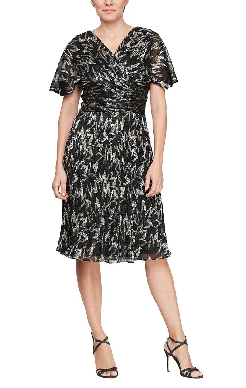 Midi Foil Printed Shimmer Dress with Surplice Neckline and Ruched Waist