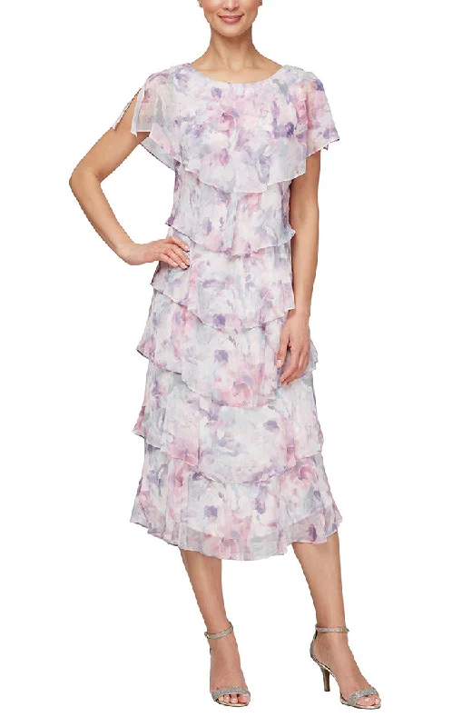 Midi Printed Tiered Dress with Embellishment Detail at Shoulders