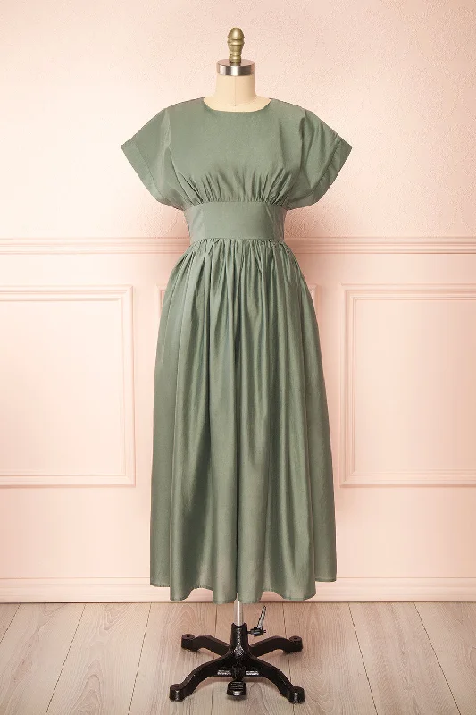 Miriel | Sage Midi Dress w/ Short Sleeves