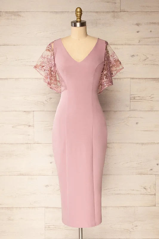 Myrania Mauve | Fitted Midi Dress w/ Embroidered Sleeves