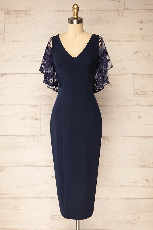 Myrania Navy | Fitted Midi Dress w/ Embroidered Sleeves