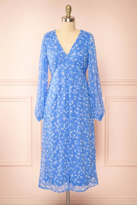 Natasha | Long-Sleeved Floral Blue Midi Dress