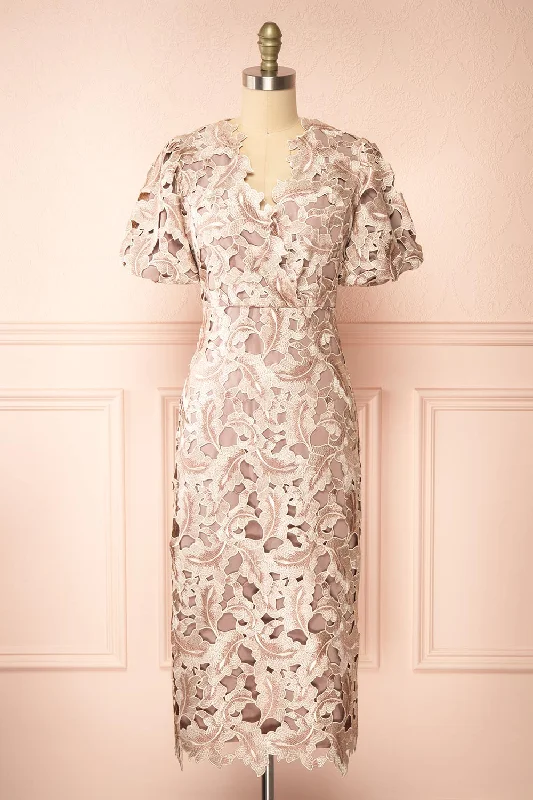 Rolande | Midi Taupe Openwork Lace Dress