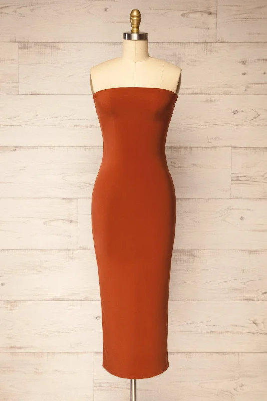 Victorya Rust | Strapless Fitted Midi Dress