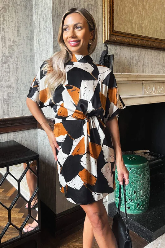 Multi Geometric Print High Neck Mini Dress