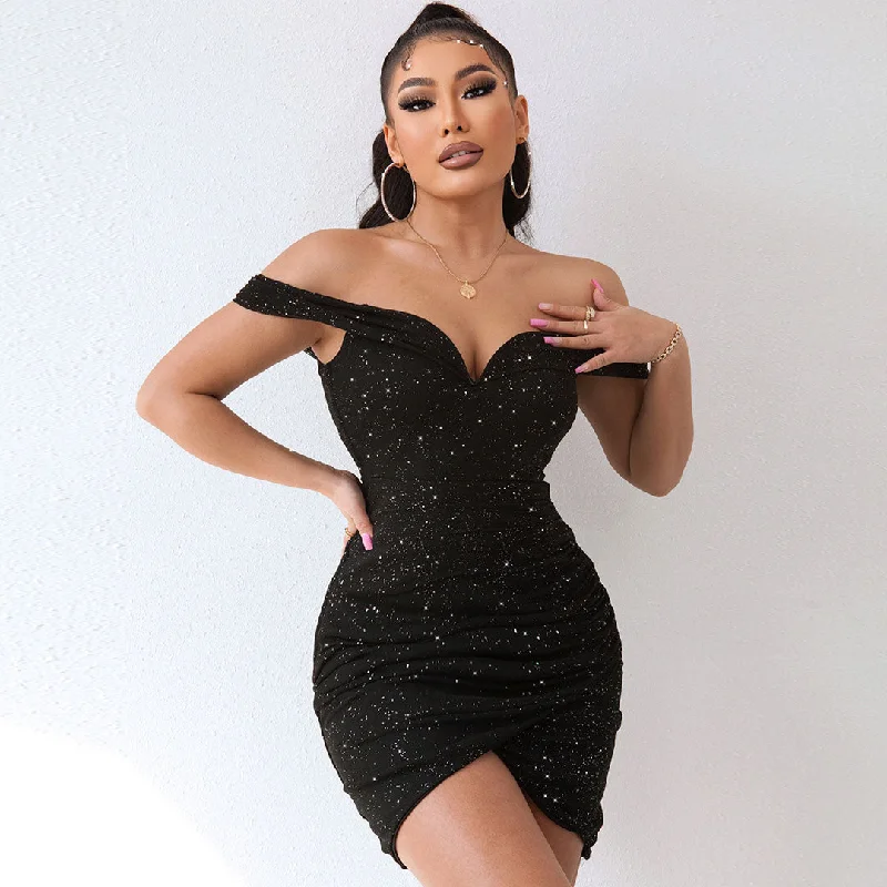 BerryBetty - Shimmery Ruched Wrap Trim Off Shoulder Bodycon Party Mini Dress - Black