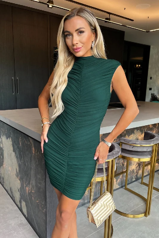 Teal High Neck Bodycon Ruched Mesh Mini Dress