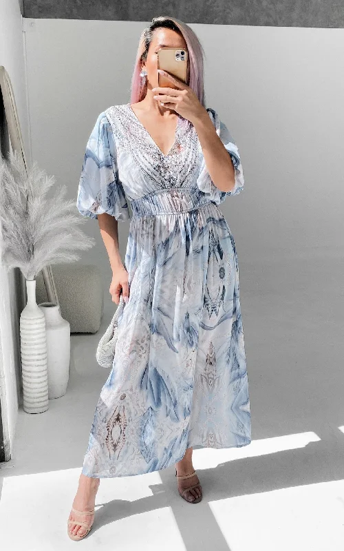 Jordina Gem Embellished Maxi Dress - Blue White Print