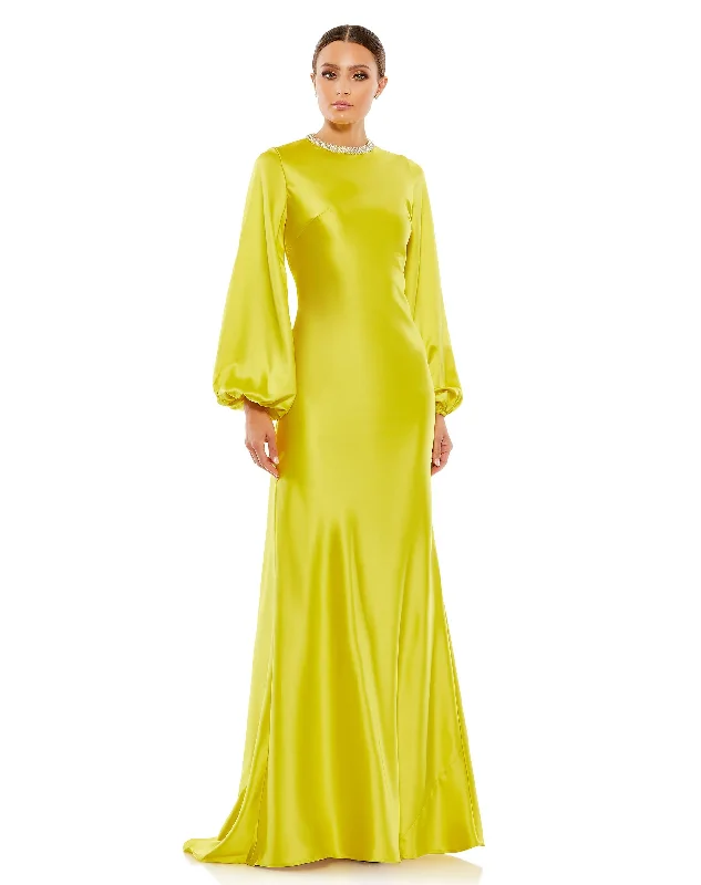 Satin Long Blouson Sleeve Evening Gown