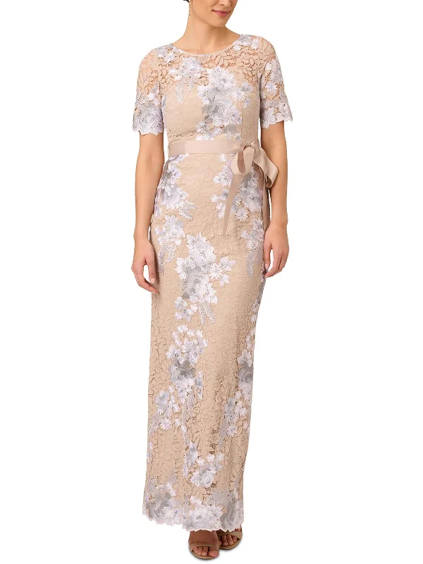 Womens Embroidered Lace Evening Dress