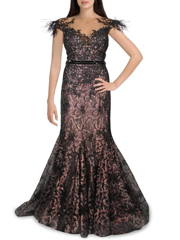 Womens Illusion Embellished Evening Dress