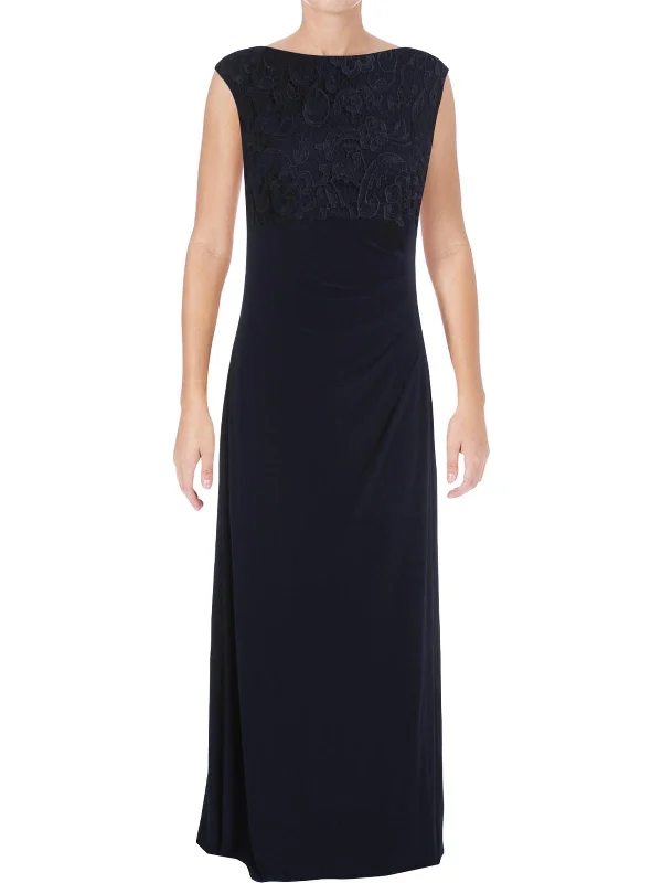 Womens Lace Overlay Full-Length Evening Dress